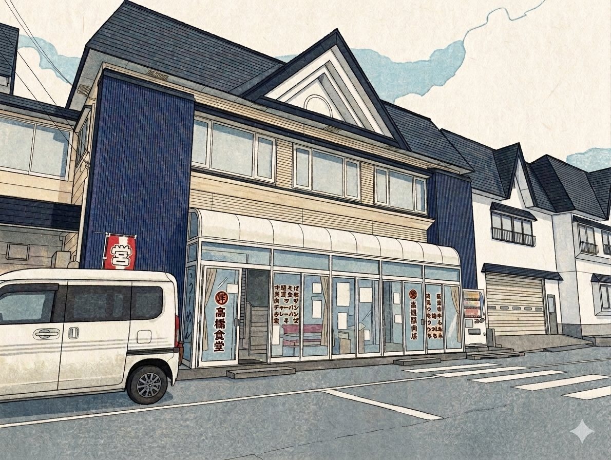 青森県つがる市稲垣町の大衆食堂「まる洋 高橋食堂精肉店」の外観